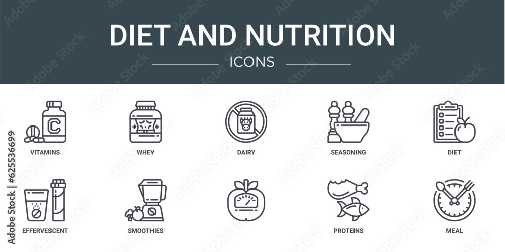 Fototapeta premium set of 10 outline web diet and nutrition icons such as vitamins, whey, dairy, seasoning, diet, effervescent, smoothies vector icons for report, presentation, diagram, web design, mobile app
