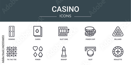 set of 10 outline web casino icons such as domino, cards, slot hine, poker chip, billiard, tic tac toe, poker vector icons for report, presentation, diagram, web design, mobile app photo