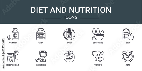 set of 10 outline web diet and nutrition icons such as vitamins, whey, dairy, seasoning, diet, effervescent, smoothies vector icons for report, presentation, diagram, web design, mobile app