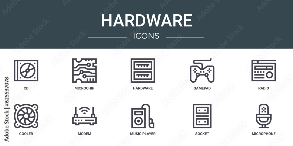 set of 10 outline web hardware icons such as cd, microchip, hardware, gamepad, radio, cooler, modem vector icons for report, presentation, diagram, web design, mobile app