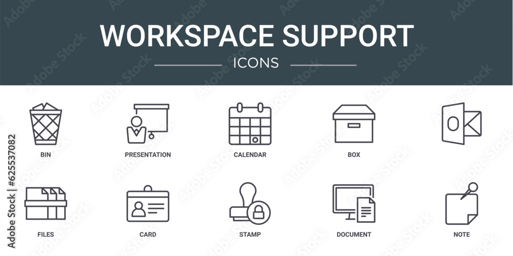 set of 10 outline web workspace support icons such as bin, presentation, calendar, box, , files, card vector icons for report, presentation, diagram, web design, mobile app