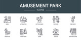 set of 10 outline web amusement park icons such as dunk, attraction, cotton candy, popcorn, fire eater, operator, theme park vector icons for report, presentation, diagram, web design, mobile app