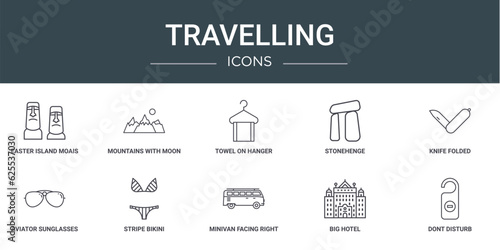 set of 10 outline web travelling icons such as easter island moais, mountains with moon, towel on hanger, stonehenge, knife folded, aviator sunglasses, stripe bikini vector icons for report,