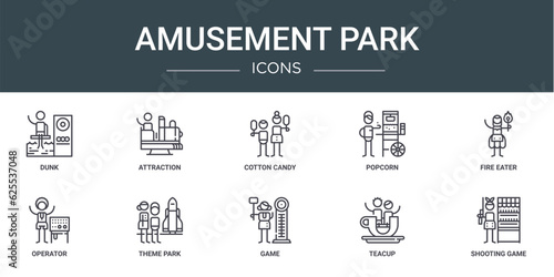 set of 10 outline web amusement park icons such as dunk, attraction, cotton candy, popcorn, fire eater, operator, theme park vector icons for report, presentation, diagram, web design, mobile app © MacroOne