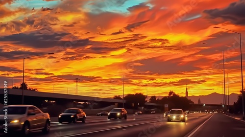 Sunset at the arizona freeway, in the style of vibrant and lively hues. Generative AI © piai