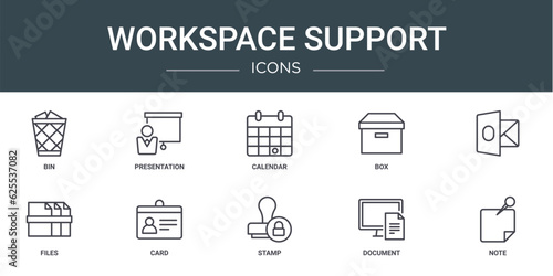 set of 10 outline web workspace support icons such as bin, presentation, calendar, box, , files, card vector icons for report, presentation, diagram, web design, mobile app