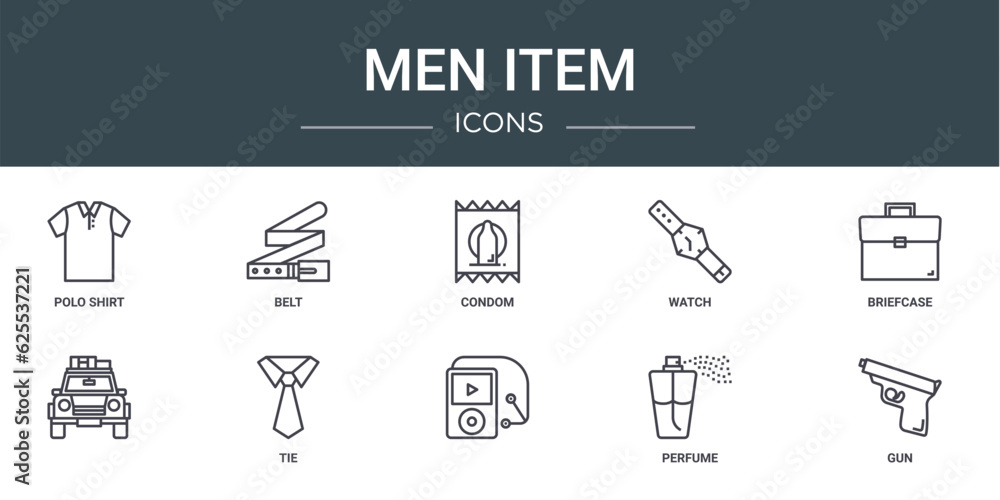 set of 10 outline web men item icons such as polo shirt, belt, condom, watch, briefcase, , tie vector icons for report, presentation, diagram, web design, mobile app
