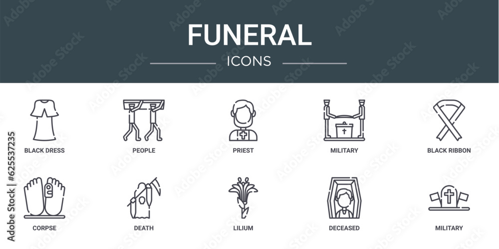 set of 10 outline web funeral icons such as black dress, people, priest, military, black ribbon, corpse, death vector icons for report, presentation, diagram, web design, mobile app