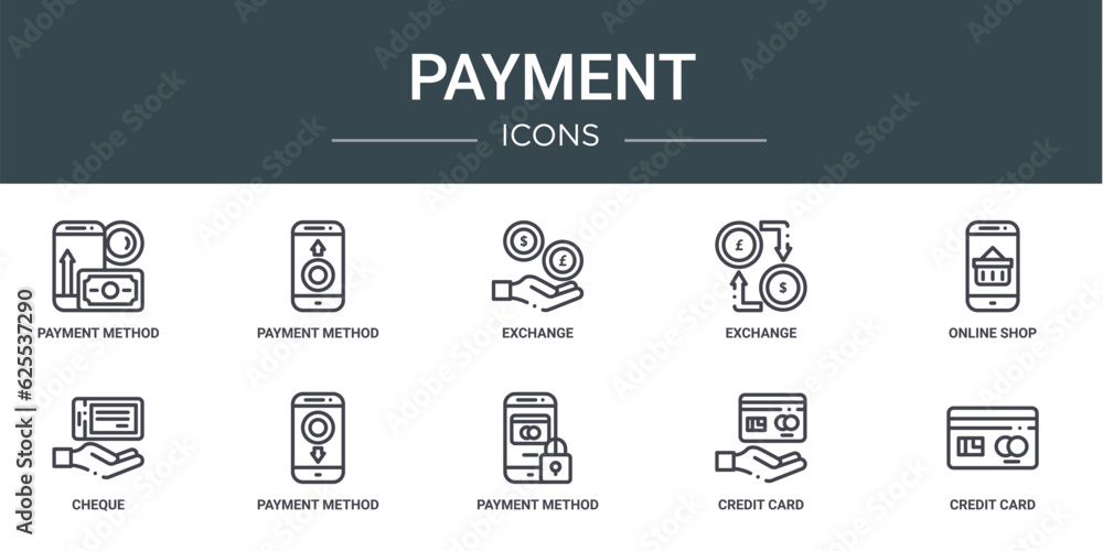 set of 10 outline web payment icons such as payment method, payment method, exchange, exchange, online shop, cheque, method vector icons for report, presentation, diagram, web design, mobile app