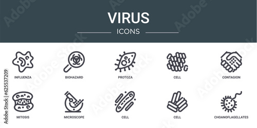 set of 10 outline web virus icons such as influenza, biohazard, protoza, cell, contagion, mitosis, microscope vector icons for report, presentation, diagram, web design, mobile app