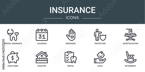 set of 10 outline web insurance icons such as medical insurance, calendar, insurance, protection, hospitalization, piggy bank, disaster vector icons for report, presentation, diagram, web design,