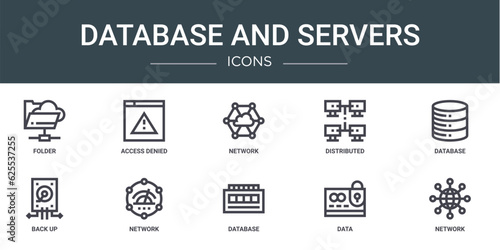 set of 10 outline web database and servers icons such as folder, access denied, network, distributed, database, back up, network vector icons for report, presentation, diagram, web design, mobile