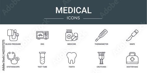set of 10 outline web medical icons such as blood pressure, ekg, medicine, thermometer, knife, stethoscope, test tube vector icons for report, presentation, diagram, web design, mobile app
