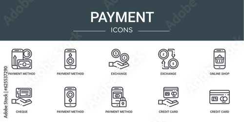 set of 10 outline web payment icons such as payment method, payment method, exchange, exchange, online shop, cheque, method vector icons for report, presentation, diagram, web design, mobile app © MacroOne