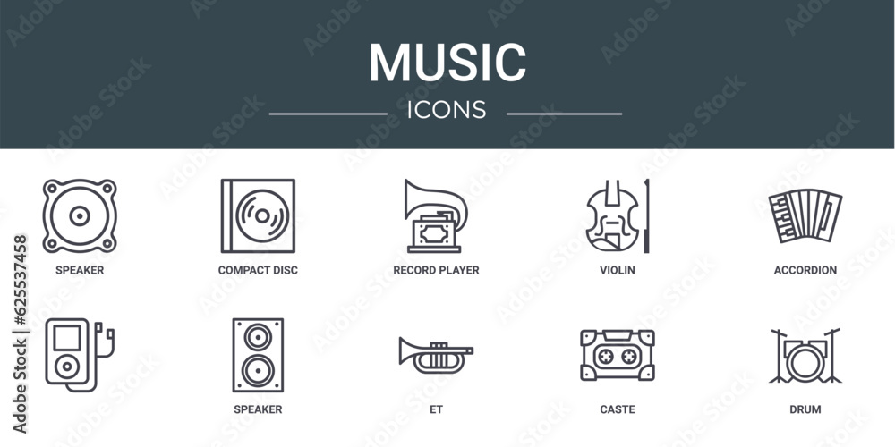 set of 10 outline web music icons such as speaker, compact disc, record player, violin, accordion, , speaker vector icons for report, presentation, diagram, web design, mobile app