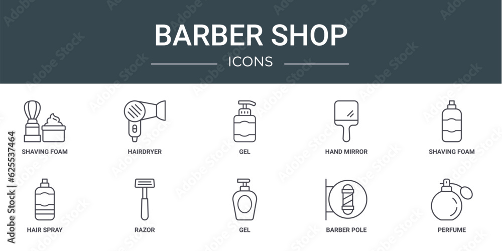 set of 10 outline web barber shop icons such as shaving foam, hairdryer, gel, hand mirror, shaving foam, hair spray, razor vector icons for report, presentation, diagram, web design, mobile app