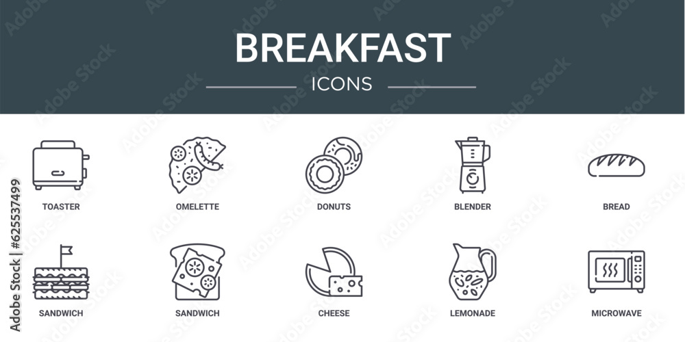 Fototapeta premium set of 10 outline web breakfast icons such as toaster, omelette, donuts, blender, bread, sandwich, sandwich vector icons for report, presentation, diagram, web design, mobile app