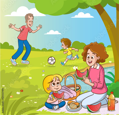 active recreation family with children. Having picnic on sitting blanket,quality time together, walking, spending time, having fun, together in park on green lawn.
