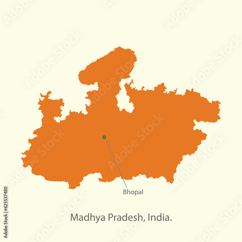 Madhya Pradesh, India Map with capital Bhopal vector, illustration. Orange map of Madhya Pradesh. photo