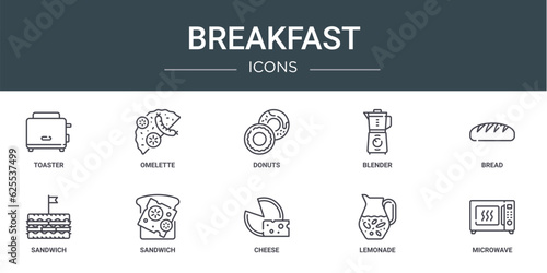set of 10 outline web breakfast icons such as toaster, omelette, donuts, blender, bread, sandwich, sandwich vector icons for report, presentation, diagram, web design, mobile app