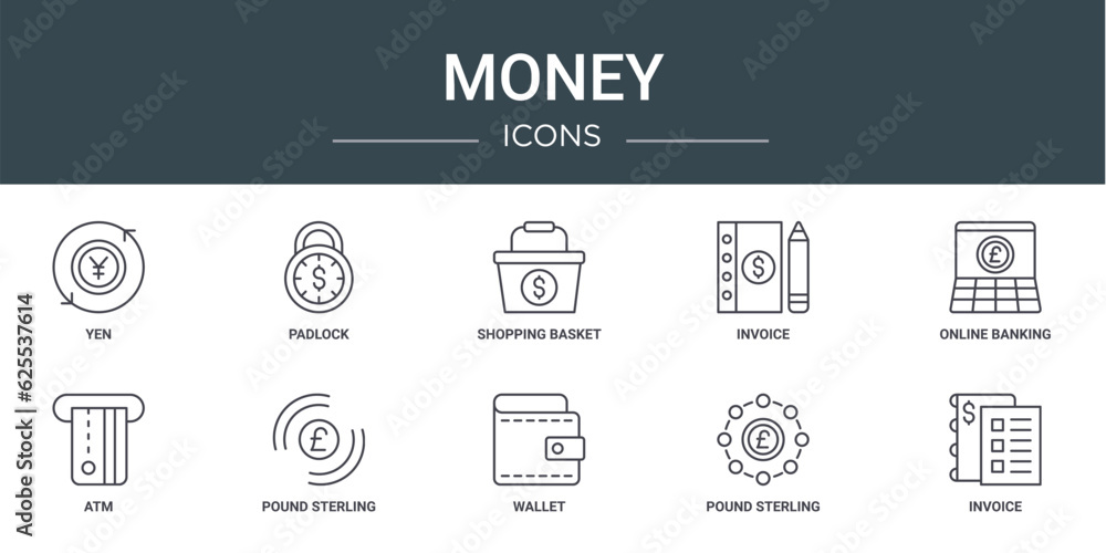 set of 10 outline web money icons such as yen, padlock, shopping basket, invoice, online banking, atm, pound sterling vector icons for report, presentation, diagram, web design, mobile app