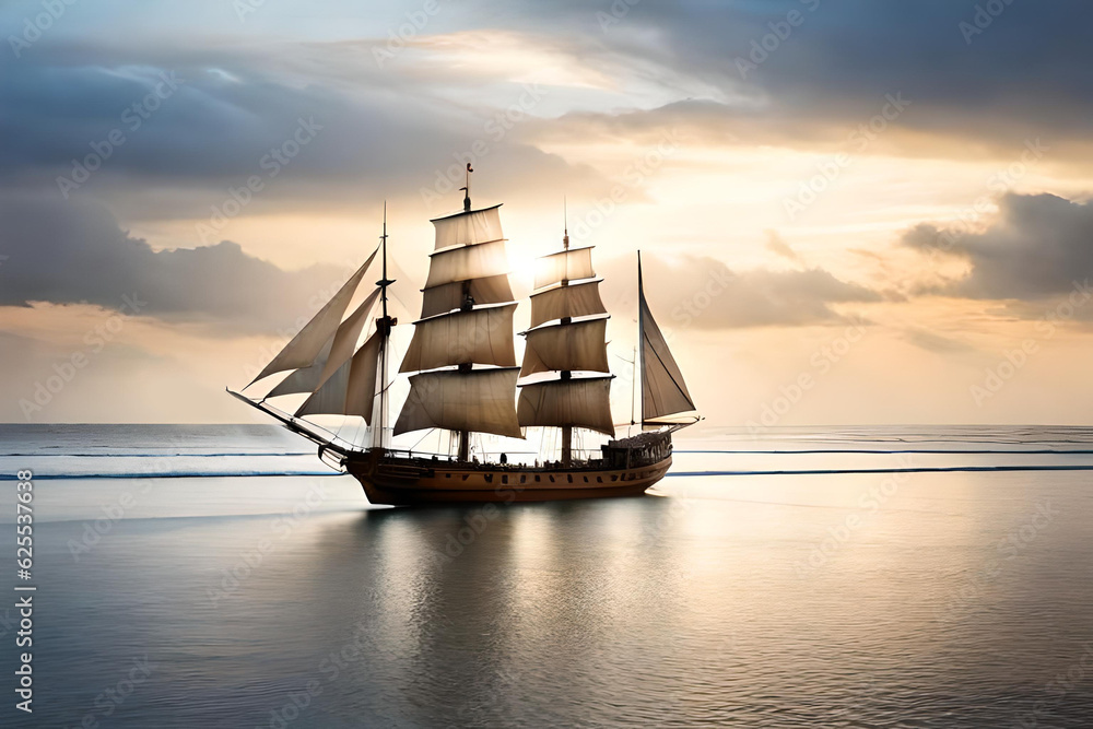 old styled wooden sailing ship in the sea cruising over beautiful sunset sky with clouds created with generative ai technology