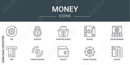 set of 10 outline web money icons such as yen, padlock, shopping basket, invoice, online banking, atm, pound sterling vector icons for report, presentation, diagram, web design, mobile app
