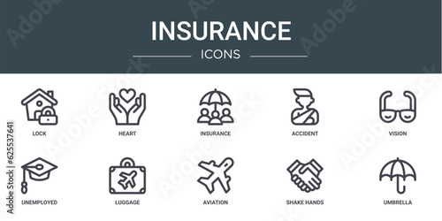 set of 10 outline web insurance icons such as lock, heart, insurance, accident, vision, unemployed, luggage vector icons for report, presentation, diagram, web design, mobile app