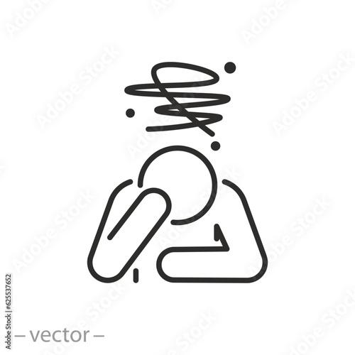 man depressed icon, human holding his head with his hand, feeling sad, thin line symbol on white background - editable stroke vector illustration