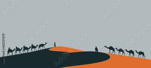 Camel caravan in the desert dunes. Vector illustration of the outline of a caravan of camels going through the desert. Sketch for creativity.