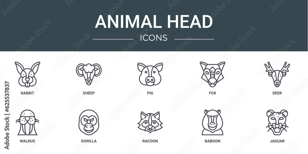 set of 10 outline web animal head icons such as rabbit, sheep, pig, fox, deer, walrus, gorilla vector icons for report, presentation, diagram, web design, mobile app