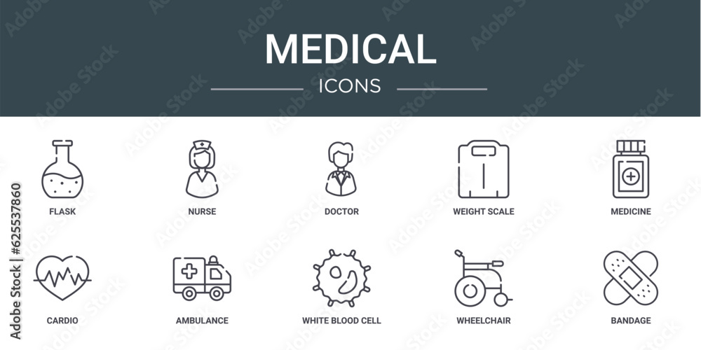 set of 10 outline web medical icons such as flask, nurse, doctor, weight scale, medicine, cardio, ambulance vector icons for report, presentation, diagram, web design, mobile app