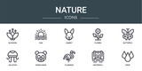set of 10 outline web nature icons such as blossom, sun, rabbit, flower, butterfly, jellyfish, panda bear vector icons for report, presentation, diagram, web design, mobile app