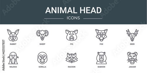 set of 10 outline web animal head icons such as rabbit, sheep, pig, fox, deer, walrus, gorilla vector icons for report, presentation, diagram, web design, mobile app