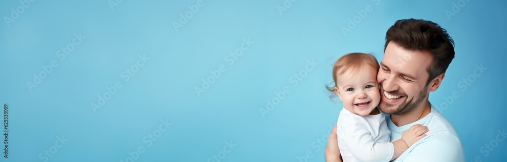 A father hugs his son, blue background, father's day, copy space, generative ai A father hugs his son, blue background, father's day, copy space, generative ai