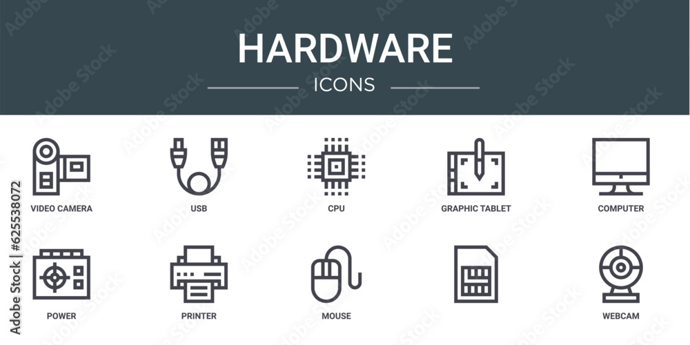 set of 10 outline web hardware icons such as video camera, usb, cpu, graphic tablet, computer, power, printer vector icons for report, presentation, diagram, web design, mobile app