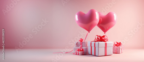 Gifts in pink wrapping paper with red bows and heart-shaped balloons, Valentine's Day, birthday, banner, space for text, generative ai © Teppi