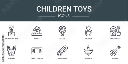 set of 10 outline web children toys icons such as jack in the box, house, rattle, pacifier, sand bucket, reindeer, game console vector icons for report, presentation, diagram, web design, mobile app