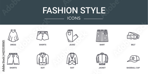 set of 10 outline web fashion style icons such as dress, shorts, jeans, skirt, belt, shorts, suit vector icons for report, presentation, diagram, web design, mobile app