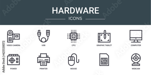 set of 10 outline web hardware icons such as video camera, usb, cpu, graphic tablet, computer, power, printer vector icons for report, presentation, diagram, web design, mobile app