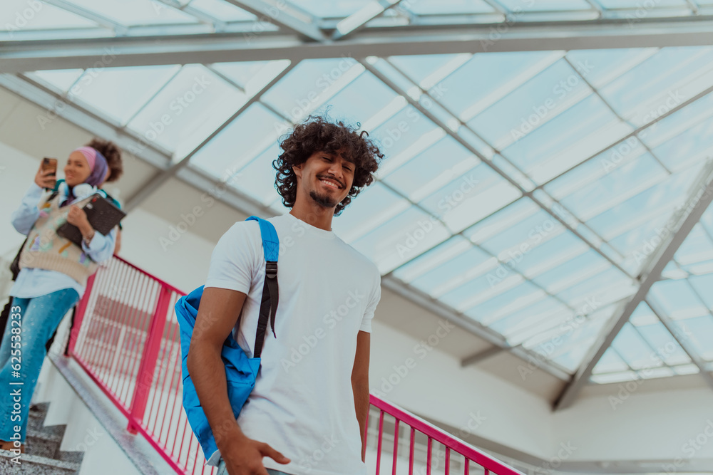 An Afro-American student with a blue backpack, sporting a modern Afro hairstyle and a wide smile, radiates enthusiasm and represents the vibrant spirit of a modern university, embodying ambition An Afro-American student with a blue backpack, sporting a modern Afro hairstyle and a wide smile, radiates enthusiasm and represents the vibrant spirit of a modern university, embodying ambition