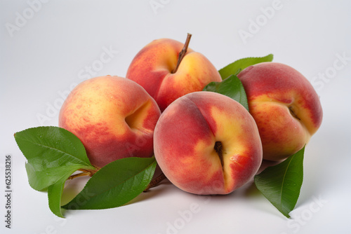 peaches and leaves on a white background
