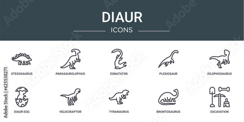 set of 10 outline web diaur icons such as stegosaurus, parasaurolophus, eonatator, plesiosaur, dilophosaurus, diaur egg, velociraptor vector icons for report, presentation, diagram, web design,