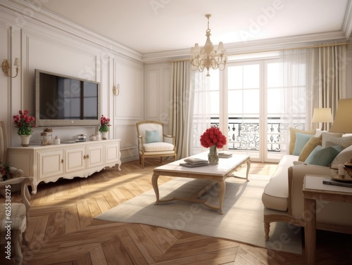 Living room french country style with a tv, a flower vase on the table, and wood parquet flooring, sunlight shines through the window. Generative AI