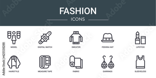 set of 10 outline web fashion icons such as model, digital watch, sweater, fedora hat, lipstick, hairstyle, measure tape vector icons for report, presentation, diagram, web design, mobile app