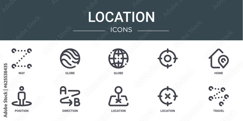 set of 10 outline web location icons such as way, globe, globe, , home, position, direction vector icons for report, presentation, diagram, web design, mobile app