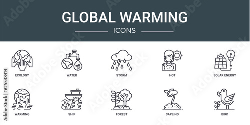 set of 10 outline web global warming icons such as ecology, water, storm, hot, solar energy, warming, ship vector icons for report, presentation, diagram, web design, mobile app