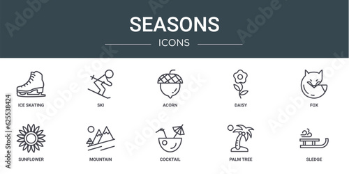 set of 10 outline web seasons icons such as ice skating, ski, acorn, daisy, fox, sunflower, mountain vector icons for report, presentation, diagram, web design, mobile app photo