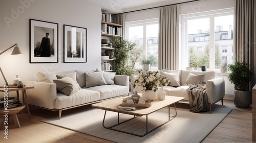 white living room interior with sofa