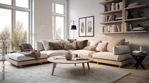 white living room interior with sofa